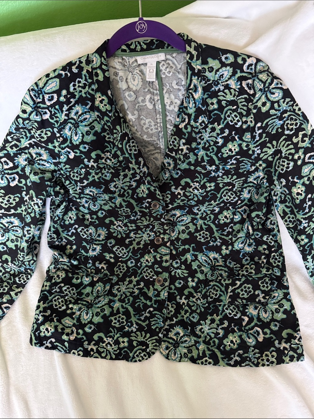 Charter Club Black Blazer with Mint & Teal Floral Jacquard Accents